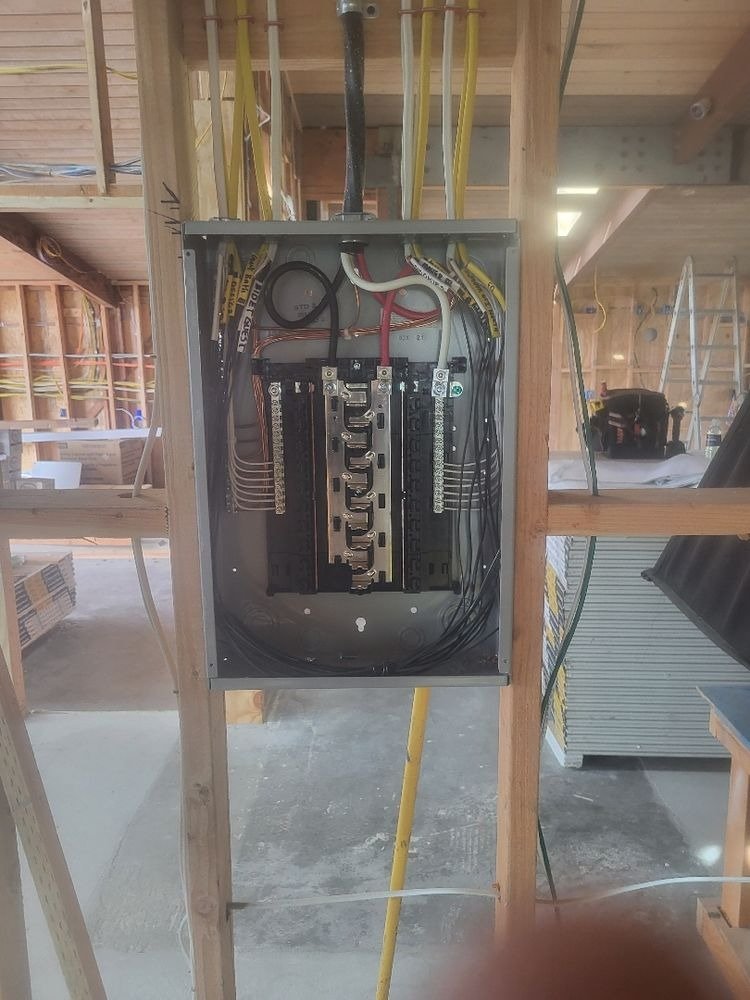Electrical panel installation in unfinished building.
