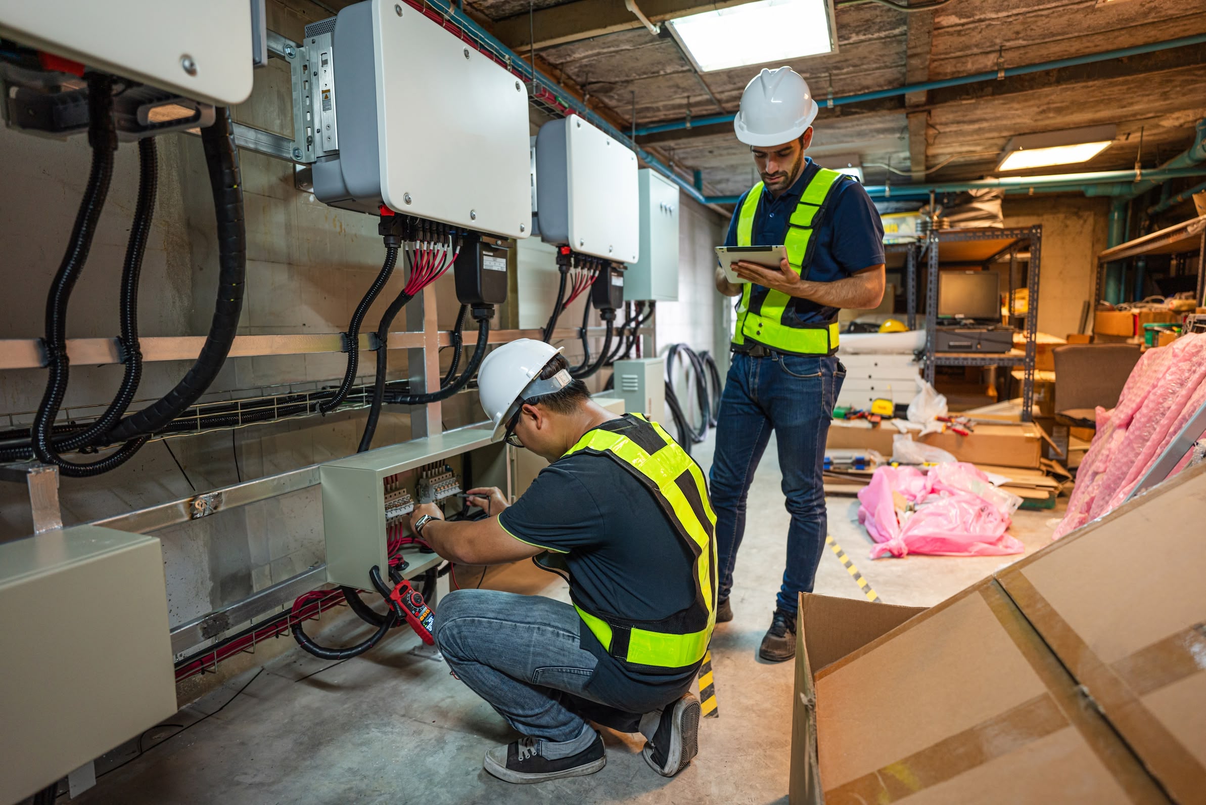 Engineers inspecting electrical equipment in industrial room
