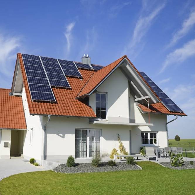 Modern house with rooftop solar panels