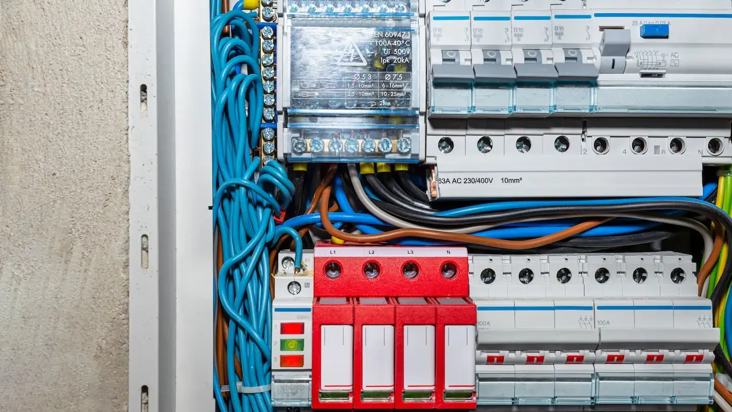 Electrical panel with circuit breakers and wiring