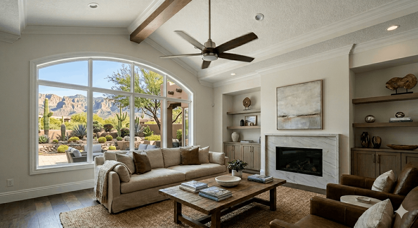 Modern desert living room with mountain view