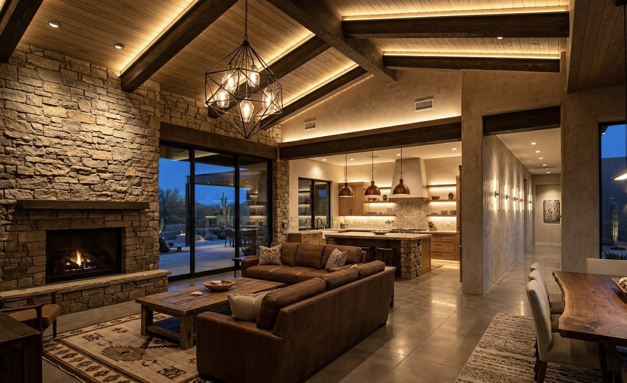 Modern rustic living room with fireplace and kitchen