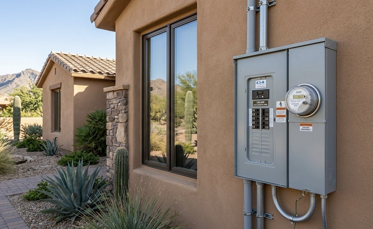 Electric meter box on desert home exterior wall