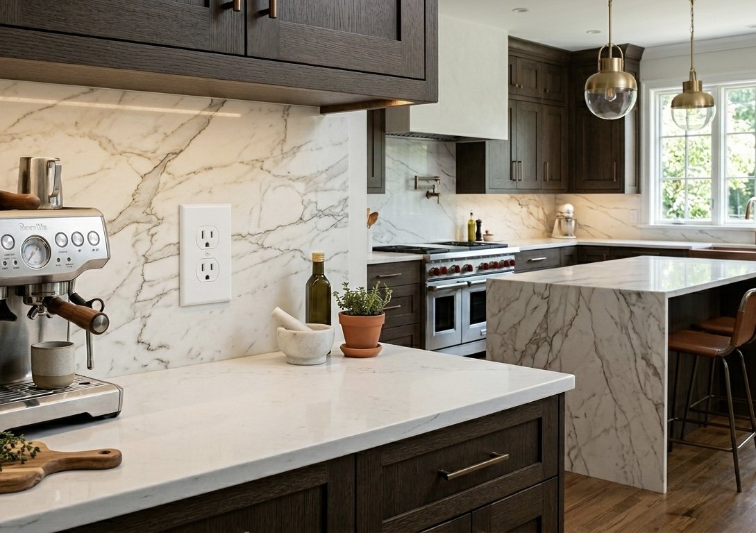 Modern kitchen with marble countertops and dark cabinets
